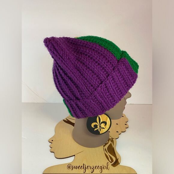 Purple Green & Gold Mardi Gras Colors Handmade Crochet Cat Ear Beanie Hat - Picture 3 of 10